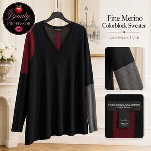 💞Lane Bryant Fine Merino Colorblock Sweater 14/16 Black Red Gray V Neck